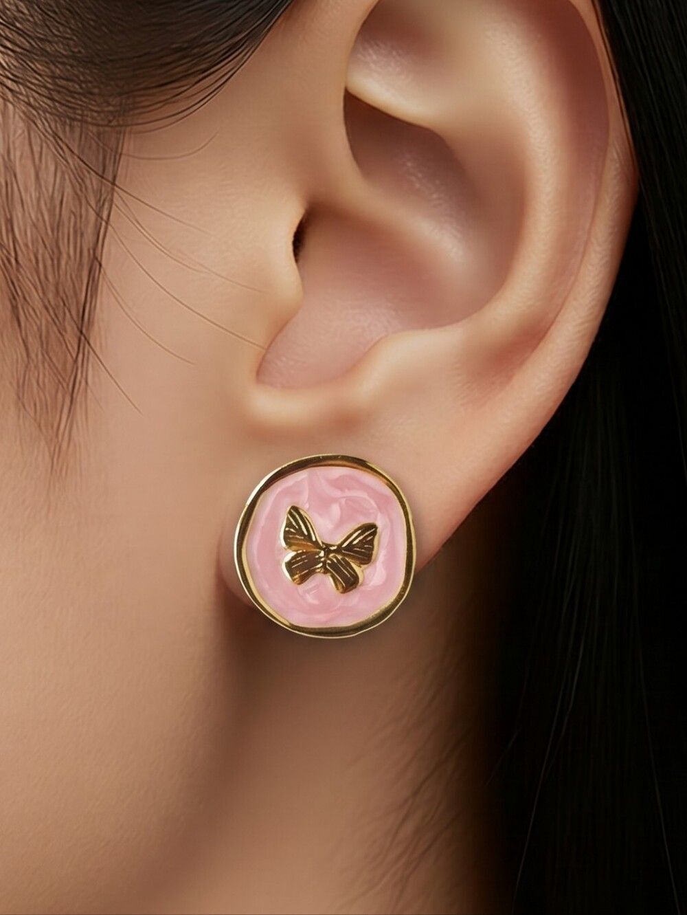 Pink Moiré Butterfly Stud Earrings Gold Stainless Steel Round Coquette Charm